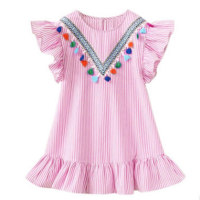 Mother Baby Clothes Solid Color Tassl V-neck Dress  Pink