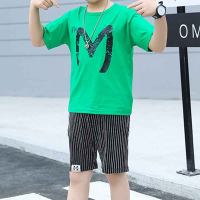 Boy Letter Pattern T-Shirt & Striped Shorts  Green