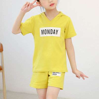 Kid Girl Solid Color Letter Hooded Top & Shorts