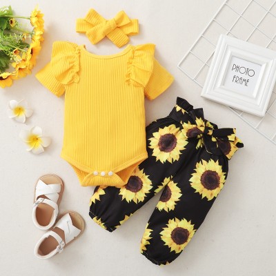 Baby Girl Babysuit & Sunflower Print Pants & Headband