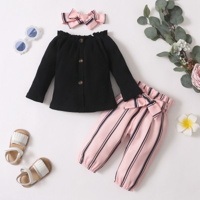 Baby Girl Solid Color Long-sleeve Top & Stripes Pants With Headband