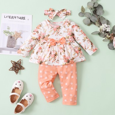 Baby Girl Floral Print Bow Decor Top y pantalones y diadema