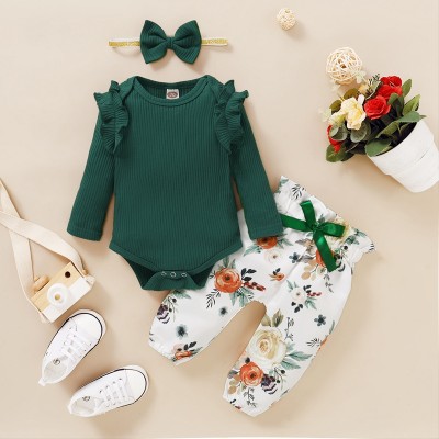 Macacão de cor sólida para bebês e calças com estampa floral e tiara