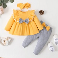 Baby Girl Bow Decor Solid Color Top & Pants & Headband  Yellow