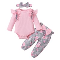 Baby Girl Ruffle Sleeves Romper & Floral Print Bowknot Decor Pants & Headband  Pink