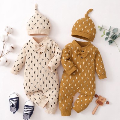 Baby Casual Cactus Print Bow-tie Long Sleeve Jumpsuit & Hat