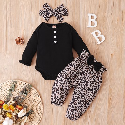 Baby Girl Long Sleeve Romper & Leopard Printed Pants With Headband