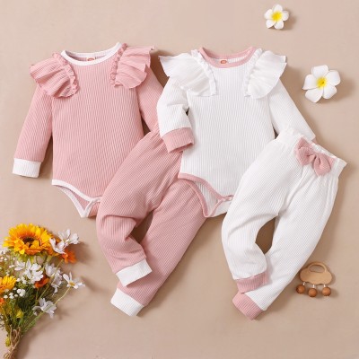 Baby Girl Sweet Solid Color Ruffle Sleeve Romper & Bowknot Decor Pants