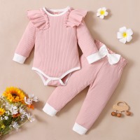 Baby Girl Sweet Solid Color Ruffle Sleeve Romper & Bowknot Decor Pants  Pink
