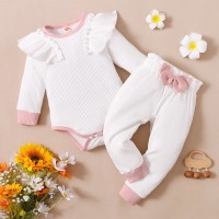 Baby Girl Sweet Solid Color Ruffle Sleeve Romper & Bowknot Decor Pants  White