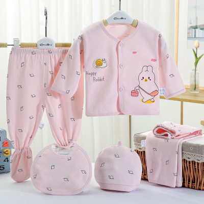 طقم ملابس داخلية قطنية مكونة من خمس قطع مطبوعة على شكل أرنب للأطفال حديثي الولادة