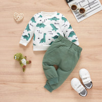 Baby Boy Dinosaur Pattern Long Sleeve Top & Pure Pant  Green