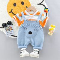 Toddler Boy Striped T-shirt & 3D Cartoon Bear Ears Decor Overalls  Orange