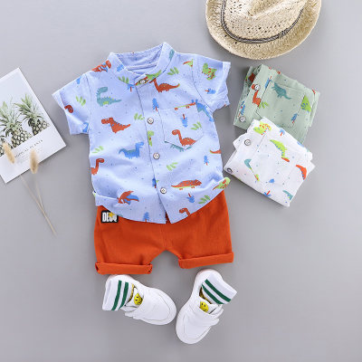 Baby Dinosaur Print Stand Collar Short Sleeve Top & Letter Applique Shorts