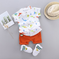 Baby Dinosaur Print Stand Collar Short Sleeve Top & Letter Applique Shorts  White