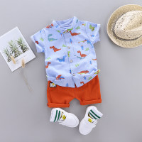 Baby Boy Dinosaur Print Stand Collar Top & Shorts  Blue