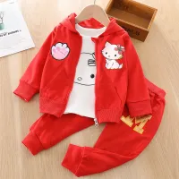 Toddler Girl Cartoon Cat T-Shirt & Coat & Pants  Suit - Hibobi
