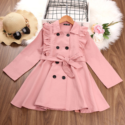 Kid Girl Solid Color Tie Long Sleeve Trench Coat
