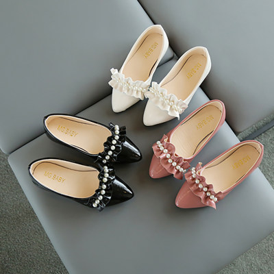 Kid Girl Solid Color Pearls Decor Leather Shoes