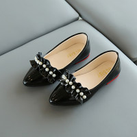 Kid Girl Solid Color Pearls Decor Leather Shoes  Black