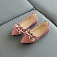 Kid Girl Solid Color Pearls Decor Leather Shoes - Hibobi