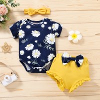 Baby Girl Floral Printed Babysuit & Bowknot Decor Shorts & Headband  Navy Blue