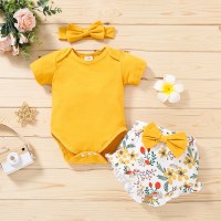 Baby Girl Floral Printed Babysuit & Bowknot Decor Shorts & Headband  Yellow