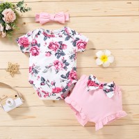 Baby Girl Floral Printed Babysuit & Bowknot Decor Shorts & Headband  Pink