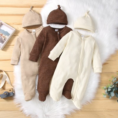 Baby Casual Solid Knitted Long Sleeve Jumpsuit & Hat
