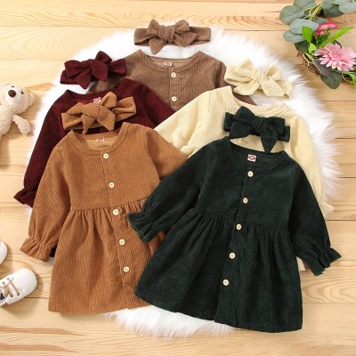 Toddler Girl Solid Color Long Sleeves Dress & Headband
