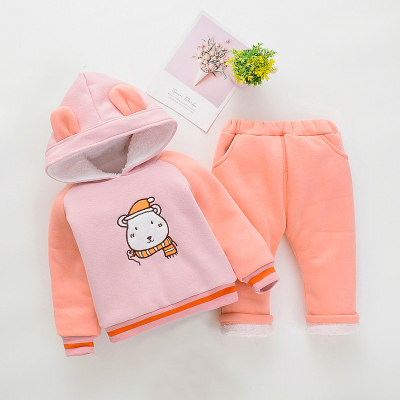 Pantalones y sudadera con capucha y pantalones con forro polar con diseño de oso en bloques de color para niña pequeña