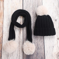 2-piece Casual Solid Hat Scarf Sets  Black