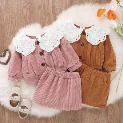 Abrigo y falda con cuello de pétalo de color liso para bebé niña