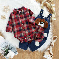 Baby Boy Red Plaid Fabric Shirt Collar Romper & Color-block Dog Cowboy Suspender Pant - Hibobi
