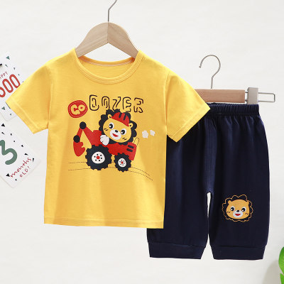 Toddler Boy Cartoon Lion Excavator Pattern Short Sleeve Pajamas Sets