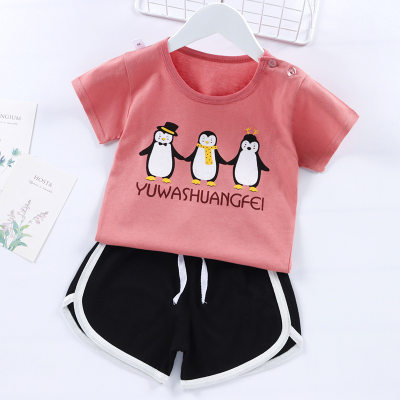 Pijama de algodón con patrón de pingüino de dibujos animados para niño pequeño y pantalones con cordón