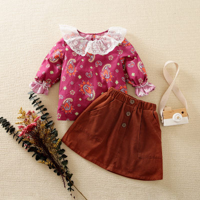 hibobi Toddler Girl Lace Floral Print Top e saia de veludo