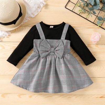 Baby Girl Solid Color T-shirt & Plaid Print Bowknot Decor Strap Dress