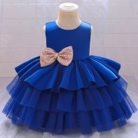 Toddler Girl Bow Decor Backless Sleeveless Formal Puffball Dress  Dark Blue