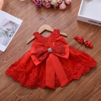 Baby Girl Bow Decor Lace Braided Sleeveless Formal Dress  Red