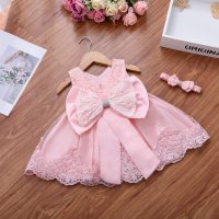 Baby Girl Bow Decor Lace Braided Sleeveless Formal Dress  Pink