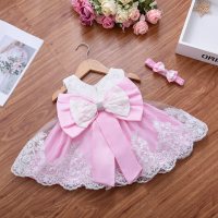 Baby Girl Bow Decor Lace Braided Sleeveless Formal Dress  Light Pink