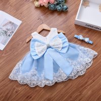 Baby Girl Bow Decor Lace Braided Sleeveless Formal Dress  Blue