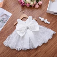 Baby Girl Bow Decor Lace Braided Sleeveless Formal Dress  White