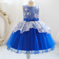 فستان رسمي للبنات لطيف بفيونكة زهور  أزرق