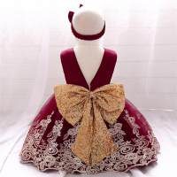 Toddler Girls Floral Sweet Bow Party Daily Formal Dress & Headband Formal Dress  Burgundy