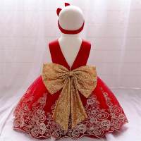 Toddler Girls Floral Sweet Bow Party Daily Formal Dress & Headband Formal Dress  Red