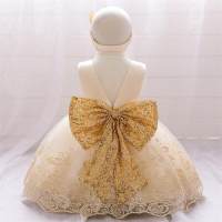 Toddler Girls Floral Sweet Bow Party Daily Formal Dress & Headband Formal Dress  Champagne