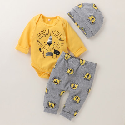 Macacão de mangas compridas, calça e boné com padrão de leão bebê menino