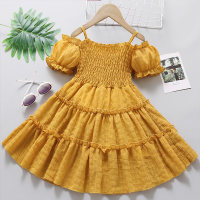 Toddler Girl Solid Color Puff Sleeve Slip Dress - Hibobi